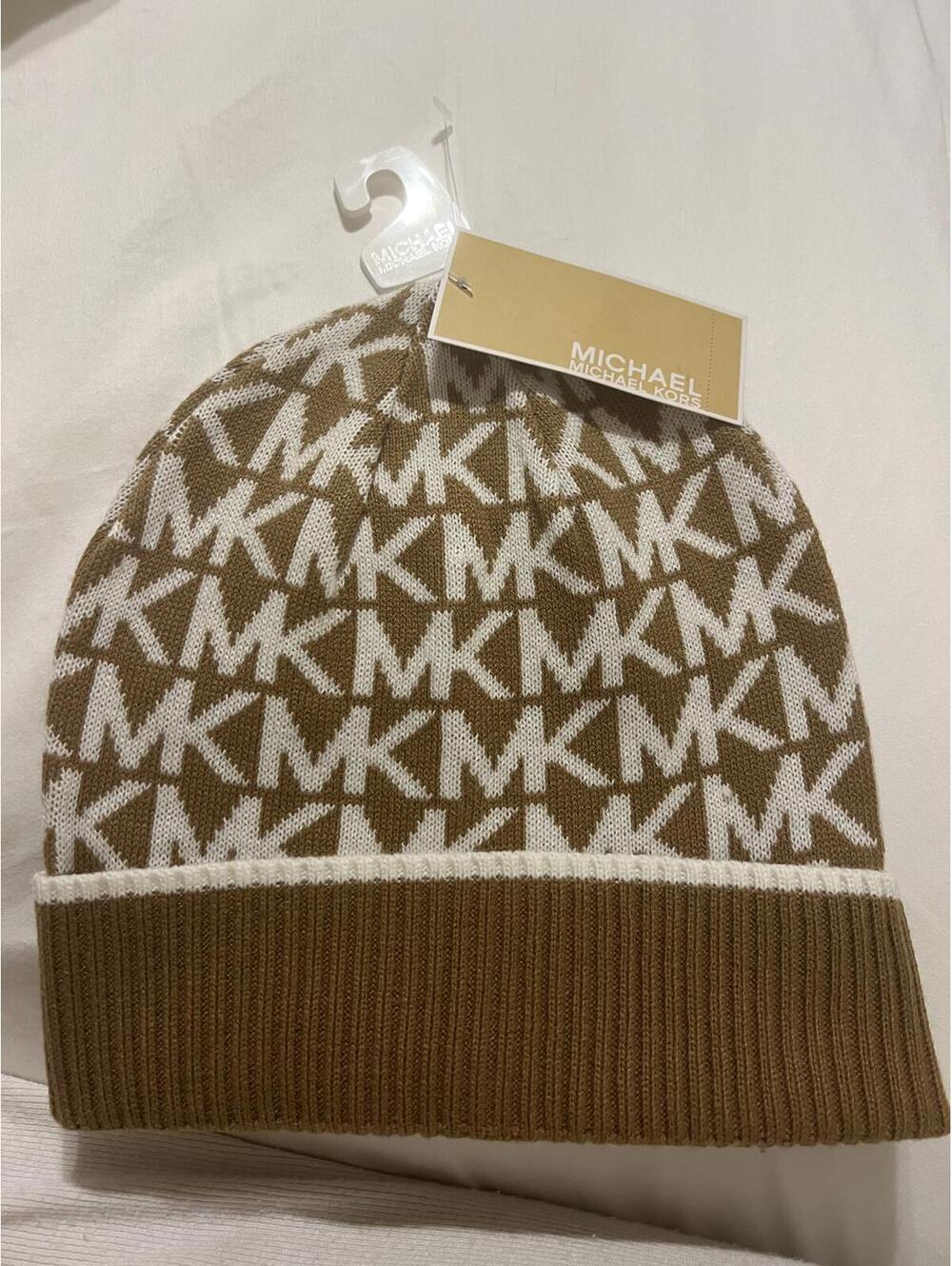 NWT Michael Kors MK Initials Brown/Tan Knit Beanie Cap Hat